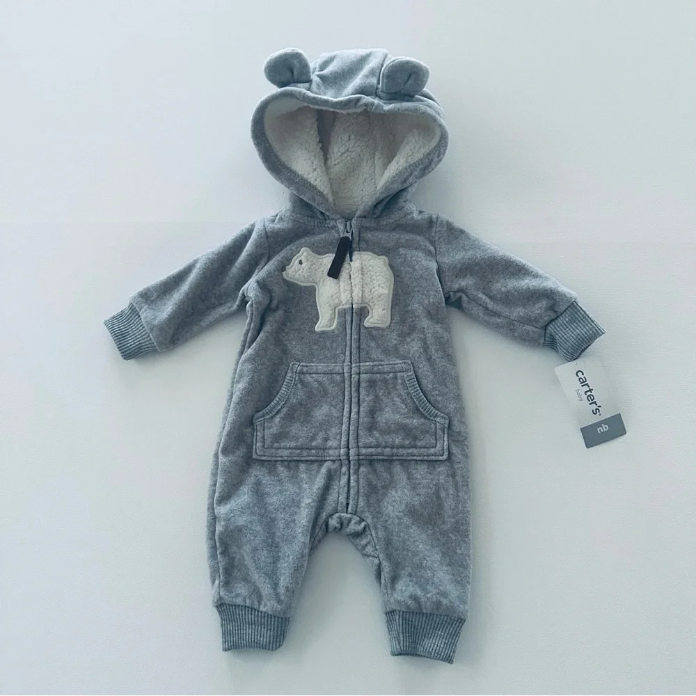 Carter’s Newborn Baby Polar Bear Fleece Romper Jumpsuit Gray Sherpa Lined Hood